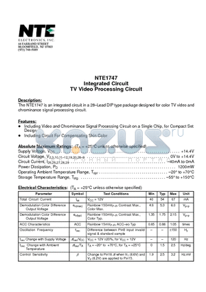 NTE1747 datasheet - Integrated Circuit TV Video Processing Circuit