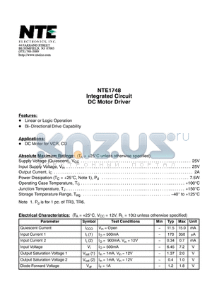 NTE1748 datasheet - Integrated Circuit DC Motor Driver