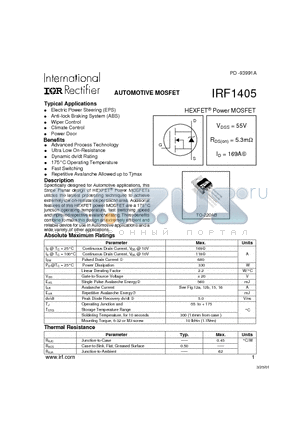 IRF1405 datasheet - Power MOSFET(Vdss=55V, Rds(on)=5.3mohm, Id=169A)