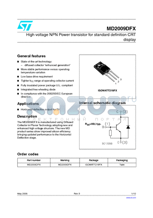 MD2009DFX datasheet - High voltage NPN Power transistor for standard definition CRT display