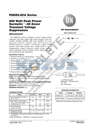 P6KE6.8CA datasheet - 600 Watt Peak Power Surmetic−40 Zener Transient Voltage Suppressors