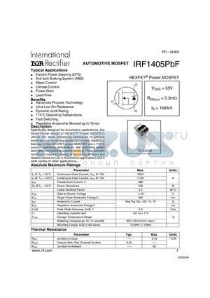 IRF1405PBF datasheet - AUTOMOTIVE MOSFET