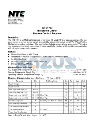 NTE1757 datasheet - Integrated Circuit Remote Control Receiver