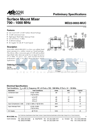 MD22-0002-MUC datasheet - Surface Mount Mixer 700 - 1000 MHz