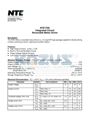 NTE1766 datasheet - Integrated Circuit Reversible Motor Driver