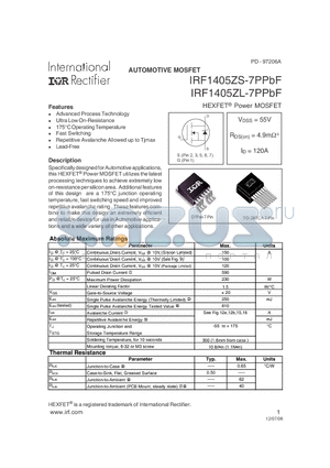 IRF1405ZS-7PPBF datasheet - HEXFET^ Power MOSFET ( VDSS = 55V , RDS(on) = 4.9mY , ID = 120A )