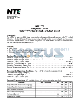 NTE1773 datasheet - Integrated Circuit Color TV Vertical Deflection Output Circuit