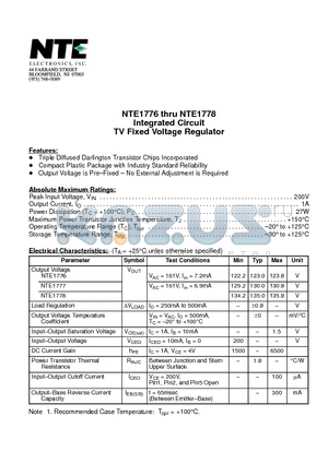 NTE1776 datasheet - Integrated Circuit TV Fixed Voltage Regulator