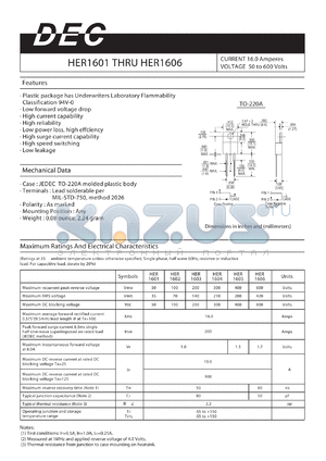 HER1601 datasheet - CURRENT 16.0 Amperes VOLTAGE 50 to 600 Volts