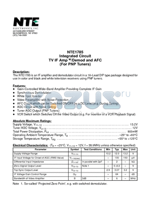 NTE1785 datasheet - Integrated Circuit TV IF Amp w/Demod and AFC (For PNP Tuners)