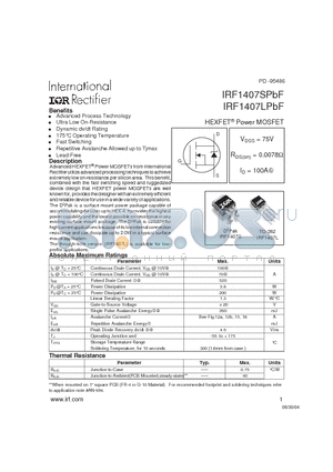 IRF1407LPBF datasheet - HEXFET^ Power MOSFET ( VDSS = 75V , RDS(on) = 0.0078Y , ID = 100A )