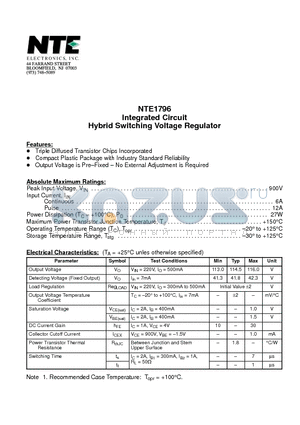 NTE1796 datasheet - Integrated Circuit Hybrid Switching Voltage Regulator