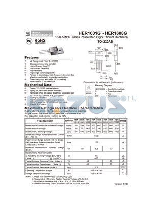 HER1601G datasheet - 16.0 AMPS. Glass Passivated High Efficient Rectifiers
