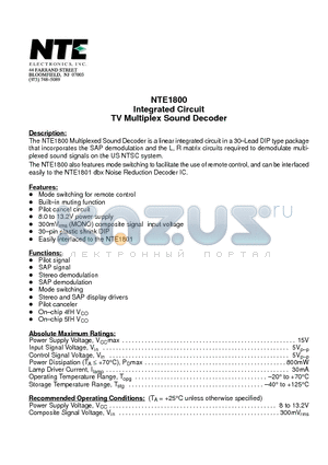 NTE1800 datasheet - Integrated Circuit TV Multiplex Sound Decoder
