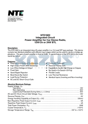 NTE1802 datasheet - Integrated Circuit Power Amplifier for Car Stereo Radio, 12W/Ch or 24W BTL