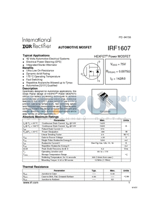 IRF1607 datasheet - Power MOSFET(Vdss=75V, Rds(on)=0.0075ohm, Id=142A)