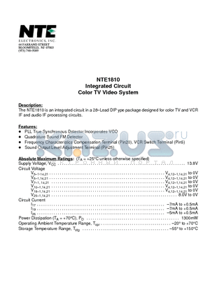 NTE1810 datasheet - Integrated Circuit Color TV Video System