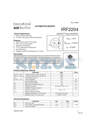 IRF2204 datasheet - AUTOMOTIVE MOSFET