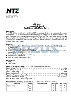 NTE1834 datasheet - Integrated Circuit Dual Reversible Motor Driver