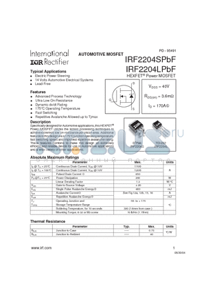 IRF2204LPBF datasheet - HEXFET^ Power MOSFET ( VDSS = 40V , RDS(on) = 3.6mY , ID = 170A )
