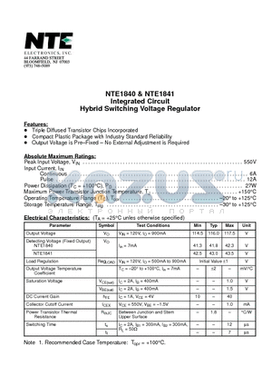 NTE1840 datasheet - Integrated Circuit Hybrid Switching Voltage Regulator