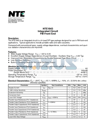 NTE1843 datasheet - Integrated Circuit FM Front End