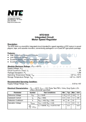 NTE1844 datasheet - Integrated Circuit Motor Speed Regulator