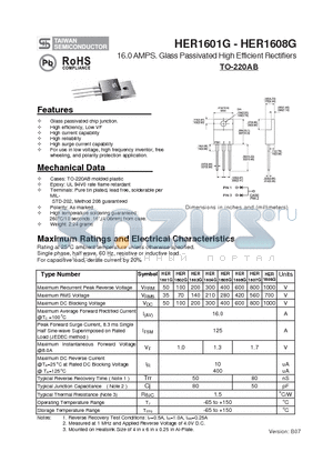 HER1603G datasheet - 16.0 AMPS. Glass Passivated High Efficient Rectifiers