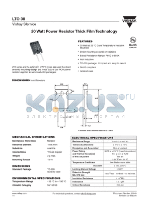 LTO30 datasheet - 30 Watt Power Resistor Thick Film Technology