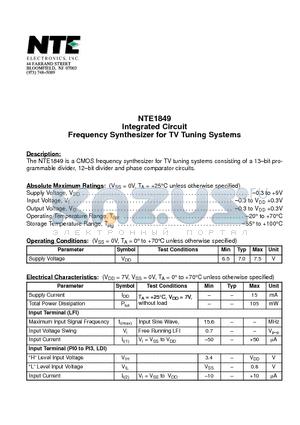 NTE1849 datasheet - Integrated Circuit Frequency Synthesizer for TV Tuning Systems