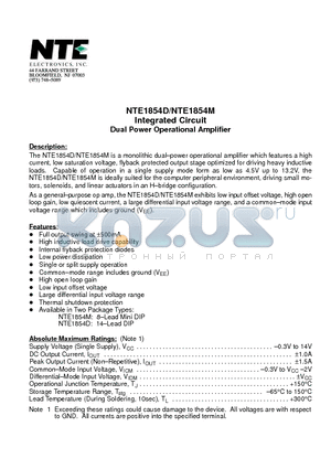 NTE1854M datasheet - Integrated Circuit Dual Power Operational Amplifie