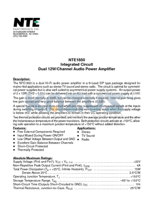 NTE1850 datasheet - Integrated Circuit Dual 12W/Channel Audio Power Amplifier