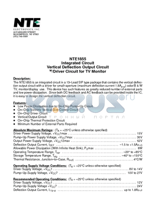 NTE1855 datasheet - Integrated Circuit Vertical Deflection Output Circuit w/Driver Circuit for TV Monitor