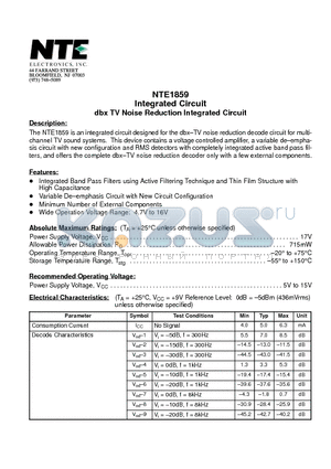 NTE1859 datasheet - Integrated Circuit dbx TV Noise Reduction Integrated Circuit