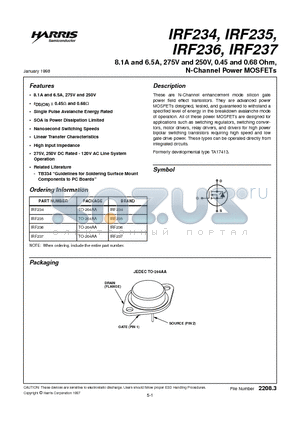 IRF234 datasheet - 8.1A and 6.5A, 275V and 250V, 0.45 and 0.68 Ohm, N-Channel Power MOSFETs