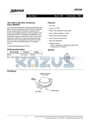 IRF240 datasheet - 18A, 200V, 0.180 Ohm, N-Channel Power MOSFET