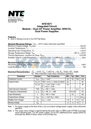 NTE1871 datasheet - Integrated Circuit Module - Dual AF Power Amplifier, 50W/Ch, Dual Power Supplies