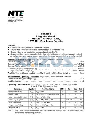 NTE1882 datasheet - Integrated Circuit Module - AF Power Amp, 100W Min, Dual Power Supplies