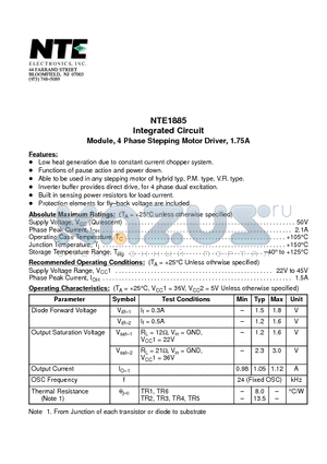 NTE1885 datasheet - Integrated Circuit Module, 4 Phase Stepping Motor Driver, 1.75A