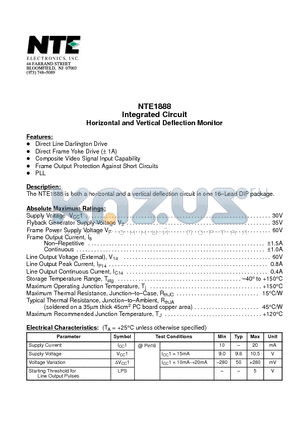 NTE1888 datasheet - Integrated Circuit Horizontal and Vertical Deflection Monitor