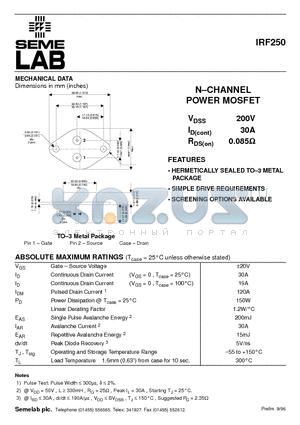 IRF250 datasheet - N-CHANNEL POWER MOSFET