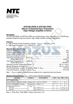 NTE189 datasheet - Silicon Complementary Transistors High Voltage Amplifier & Driver