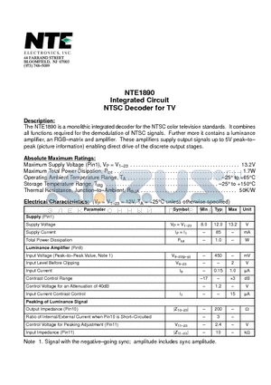 NTE1890 datasheet - Integrated Circuit NTSC Decoder for TV