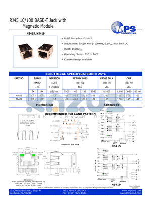 N5415 datasheet - RJ45 10/100 BASE-T Jack with Magnetic Module