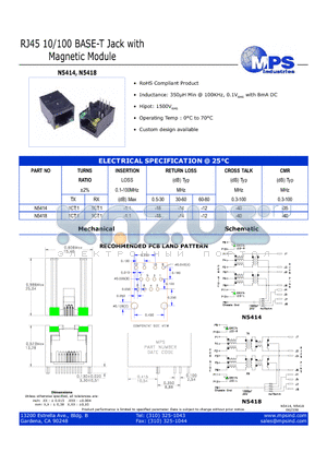 N5418 datasheet - RJ45 10/100 BASE-T Jack with Magnetic Module