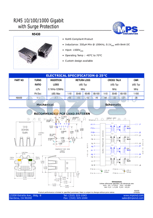 N5430 datasheet - RJ45 10/100/1000 Gigabit with Surge Protection