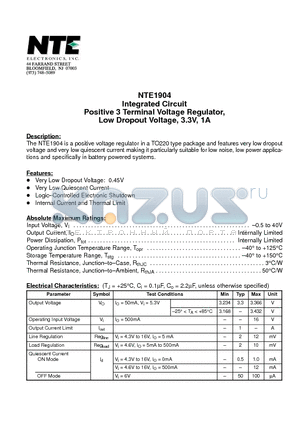 NTE1904 datasheet - Integrated Circuit Positive 3 Terminal Voltage Regulator, Low Dropout Voltage, 3.3V, 1A