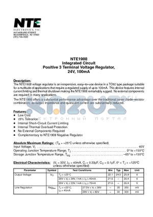 NTE1908 datasheet - Integrated Circuit Positive 3 Terminal Voltage Regulator, 24V, 100mA