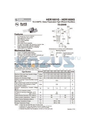 HER1605G datasheet - 16.0 AMPS. Glass Passivated High Efficient Rectifiers