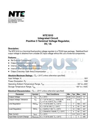 NTE1910 datasheet - Integrated Circuit Positive 3 Terminal Voltage Regulator, 9V, 1A